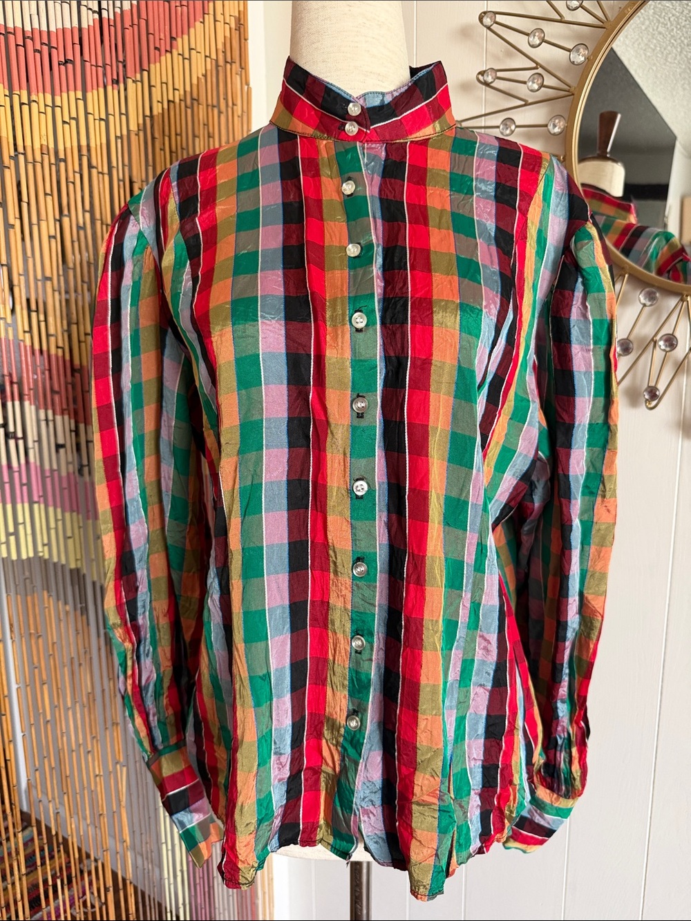 Vintage Red Green Yellow Plaid Button-Down Shirt